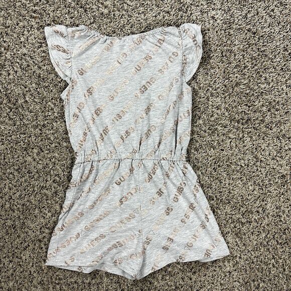 Guess Girls Size 6X Grey Romper Gold Print Sleeveless Ruffle Drawstring Waist - Picture 3 of 7